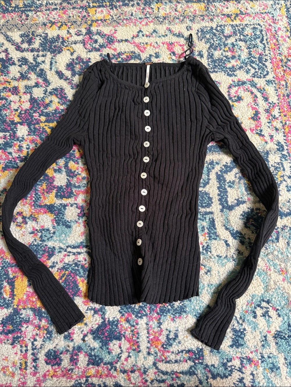 Free People Black Ribbed Button-Front Long Sleeve Top